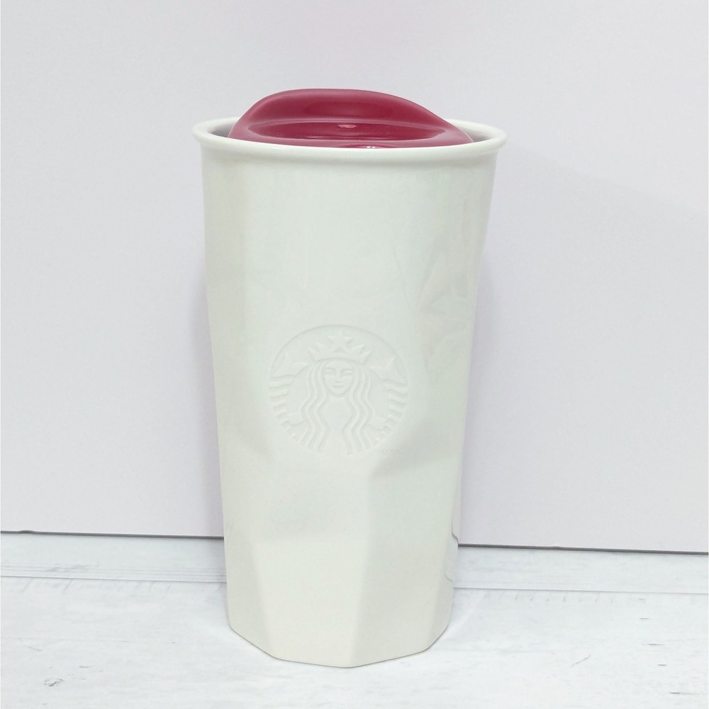 Starbucks 2013 White Faceted Ceramic Travel Mug 10oz Tumbler Red Lid Limited Ed